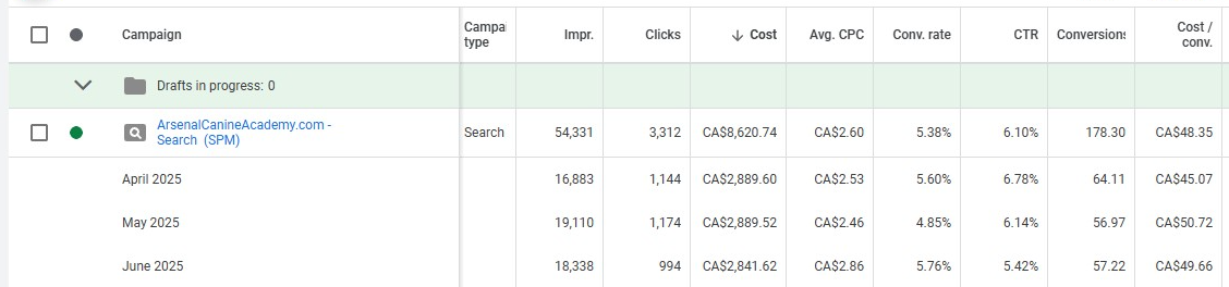 Google Ads month-over-month report for Arsenal Canine Academy showing 178 leads from CA$8,620.74 in spend across April, May and June 2025 at a CA$48.35 average cost per lead.