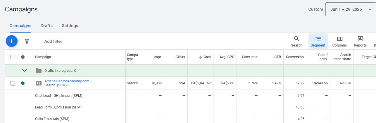 Google Ads report for Arsenal Canine Academy showing 57 conversions from CA$2,841.62 in June 2025 spend at CA$49.66 per lead, segmented into chat leads, form submissions, and calls from ads.